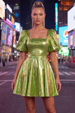 Green Metallic A-Line Square Neck Cocktail Dress with Short Sleeves