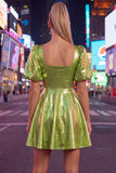 Green Metallic A-Line Square Neck Cocktail Dress with Short Sleeves