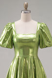 Green Metallic A-Line Square Neck Cocktail Dress with Short Sleeves