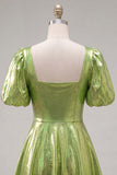 Green Metallic A-Line Square Neck Cocktail Dress with Short Sleeves