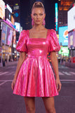 Green Metallic A-Line Square Neck Cocktail Dress with Short Sleeves