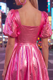 Green Metallic A-Line Square Neck Cocktail Dress with Short Sleeves