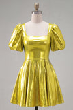 Green Metallic A-Line Square Neck Cocktail Dress with Short Sleeves