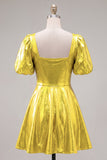 Green Metallic A-Line Square Neck Cocktail Dress with Short Sleeves