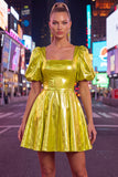 Green Metallic A-Line Square Neck Cocktail Dress with Short Sleeves