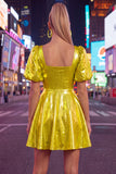 Green Metallic A-Line Square Neck Cocktail Dress with Short Sleeves