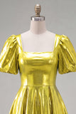 Green Metallic A-Line Square Neck Cocktail Dress with Short Sleeves