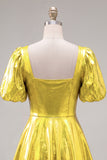 Green Metallic A-Line Square Neck Cocktail Dress with Short Sleeves