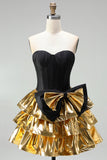Sweetheart Black Golden Tiered A-Line Mini Party Dress with Bow