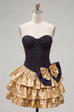 Sweetheart Black Golden Tiered A-Line Mini Party Dress with Bow
