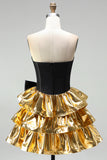 Sweetheart Black Golden Tiered A-Line Mini Party Dress with Bow