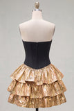 Sweetheart Black Golden Tiered A-Line Mini Party Dress with Bow