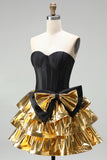 Sweetheart Black Golden Tiered A-Line Mini Party Dress with Bow