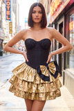 Sweetheart Black Golden Tiered A-Line Mini Party Dress with Bow