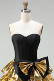 Sweetheart Black Golden Tiered A-Line Mini Party Dress with Bow