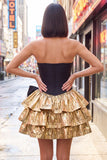 Sweetheart Black Golden Tiered A-Line Mini Party Dress with Bow