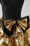 Sweetheart Black Golden Tiered A-Line Mini Party Dress with Bow