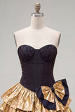 Sweetheart Black Golden Tiered A-Line Mini Party Dress with Bow