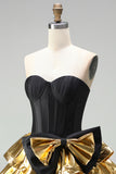 Sweetheart Black Golden Tiered A-Line Mini Party Dress with Bow