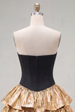 Sweetheart Black Golden Tiered A-Line Mini Party Dress with Bow
