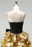 Sweetheart Black Golden Tiered A-Line Mini Party Dress with Bow