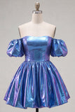 Off the Shoulder Metallic Blue A-Line Cocktail Dress with Puff Sleeves