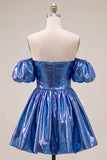 Off the Shoulder Metallic Blue A-Line Cocktail Dress with Puff Sleeves