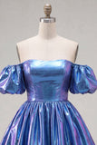 Off the Shoulder Metallic Blue A-Line Cocktail Dress with Puff Sleeves