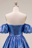 Off the Shoulder Metallic Blue A-Line Cocktail Dress with Puff Sleeves