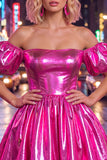 Off the Shoulder Metallic Blue A-Line Cocktail Dress with Puff Sleeves