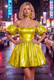Off the Shoulder Metallic Blue A-Line Cocktail Dress with Puff Sleeves