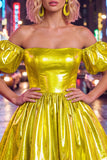 Off the Shoulder Metallic Blue A-Line Cocktail Dress with Puff Sleeves