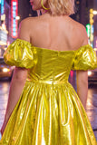 Off the Shoulder Metallic Blue A-Line Cocktail Dress with Puff Sleeves