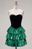 Sweetheart A-Line Black Green Ruffled Mini Cocktail Dress with Lace Up Back