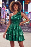 One Shoulder Ruffled A-Line Metallic Fuchsia Short Party Dress with Bow