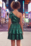 One Shoulder Ruffled A-Line Metallic Fuchsia Short Party Dress with Bow