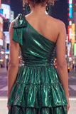 One Shoulder Ruffled A-Line Metallic Fuchsia Short Party Dress with Bow