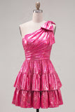 One Shoulder Ruffled A-Line Metallic Fuchsia Short Party Dress with Bow