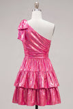 One Shoulder Ruffled A-Line Metallic Fuchsia Short Party Dress with Bow