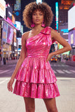 One Shoulder Ruffled A-Line Metallic Fuchsia Short Party Dress with Bow