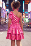 One Shoulder Ruffled A-Line Metallic Fuchsia Short Party Dress with Bow