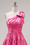 One Shoulder Ruffled A-Line Metallic Fuchsia Short Party Dress with Bow
