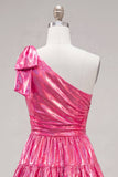 One Shoulder Ruffled A-Line Metallic Fuchsia Short Party Dress with Bow