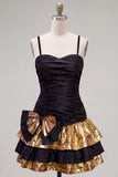 Black Golden A-Line Ruffled Spaghetti Straps Cocktail Dress with Bow