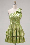 One Shoulder Ruffled A-Line Metallic Fuchsia Short Party Dress with Bow