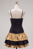 Black Golden A-Line Ruffled Spaghetti Straps Cocktail Dress with Bow