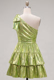 One Shoulder Ruffled A-Line Metallic Fuchsia Short Party Dress with Bow