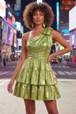 One Shoulder Ruffled A-Line Metallic Fuchsia Short Party Dress with Bow