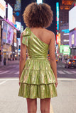 One Shoulder Ruffled A-Line Metallic Fuchsia Short Party Dress with Bow