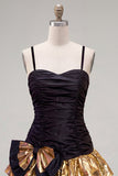 Black Golden A-Line Ruffled Spaghetti Straps Cocktail Dress with Bow